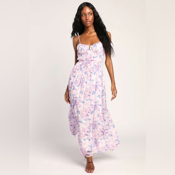 Lulus Total Darling Pink Multi Floral Print Notched Bustier Maxi Dress Large - Picture 2 of 14